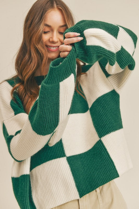 Pull à Carreaux Oversize pour Femme en Vert 1