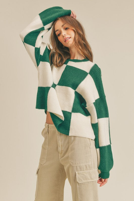 Pull à Carreaux Oversize pour Femme en Vert 2
