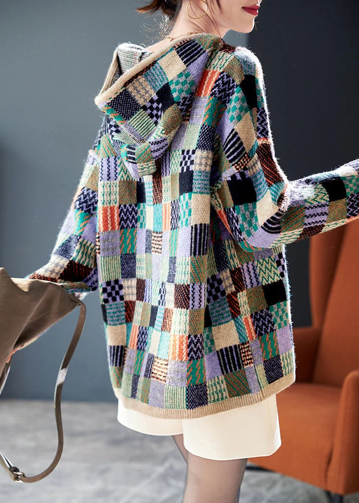 Pull à capuche à carreaux style colorblock pour femme automne 3