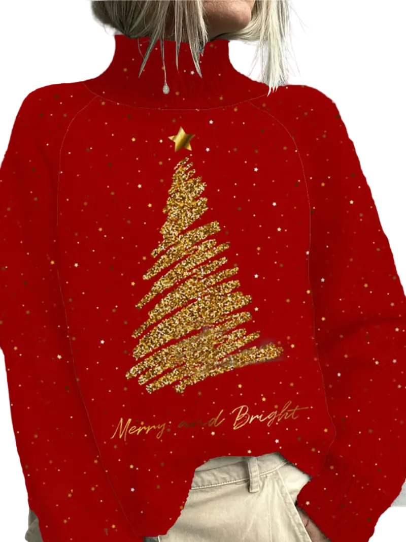 Pull de Noël Femme Chic avec Sapin Festif à Col Montant 0