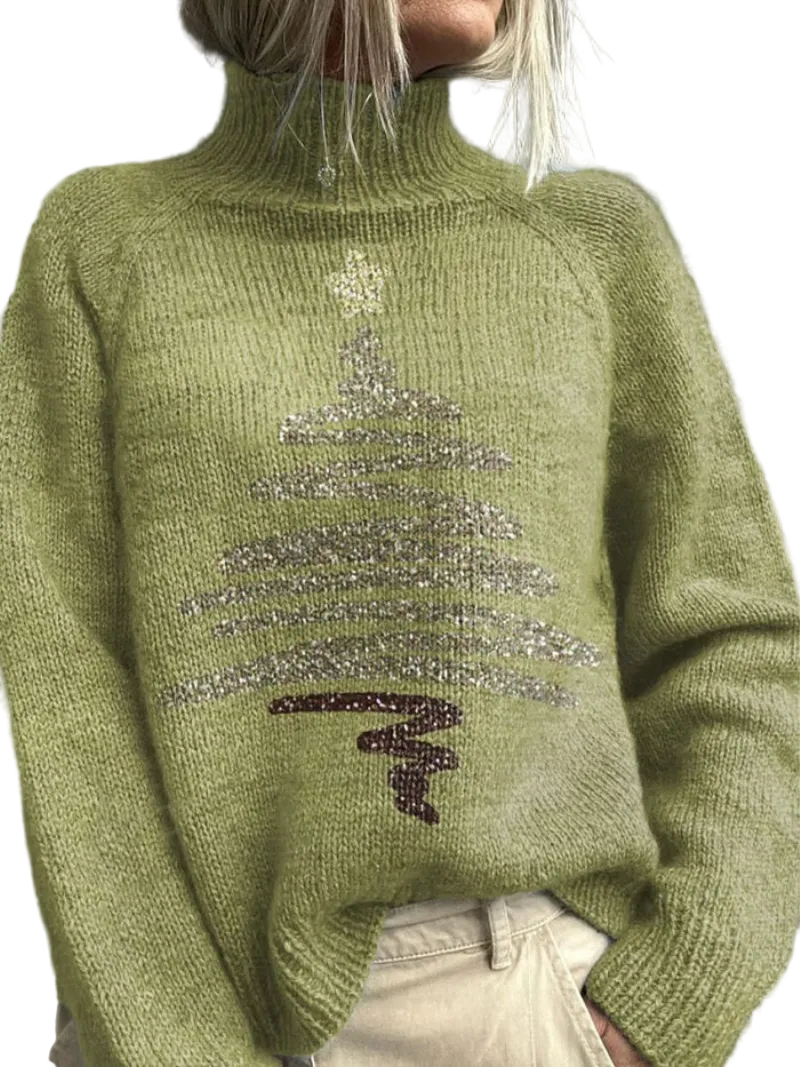 Pull de Noël Femme Imprimé Sapin Col Montant Chic 0