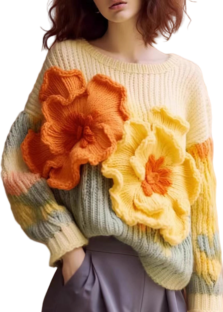 Pull en Coton Tricoté à Manches Longues pour Femme avec Motif Floral 1