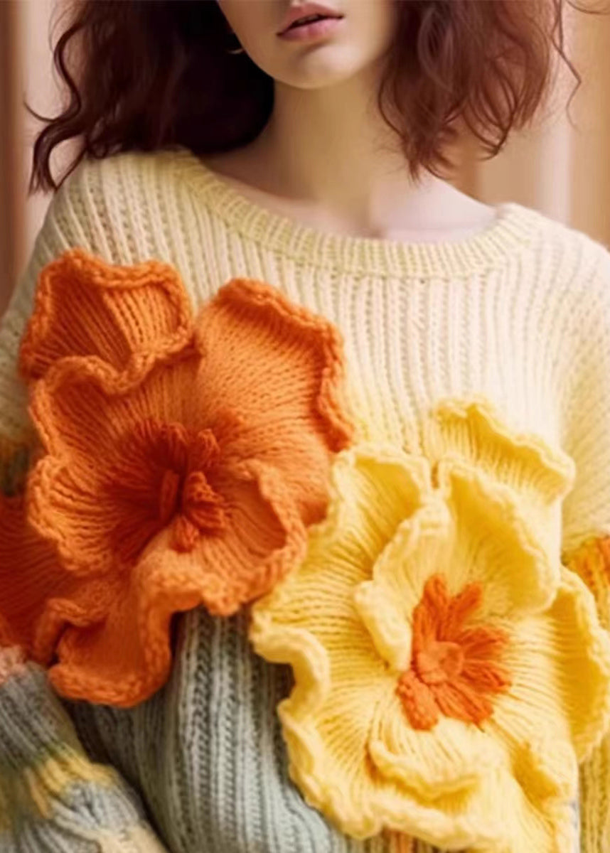 Pull en Coton Tricoté à Manches Longues pour Femme avec Motif Floral 2