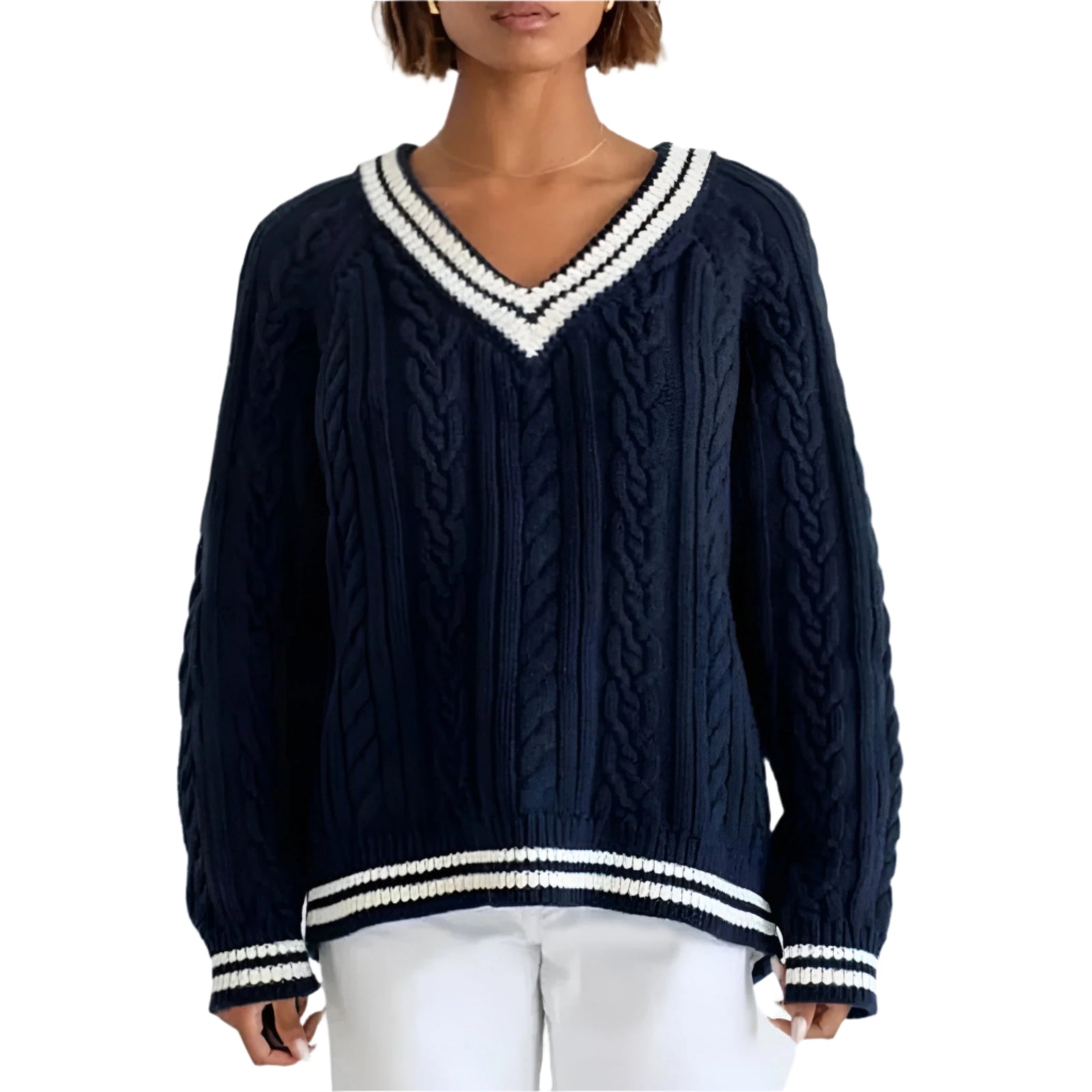 Pull en Maille Cable Femme Style Sportif en Mélange de Coton 0