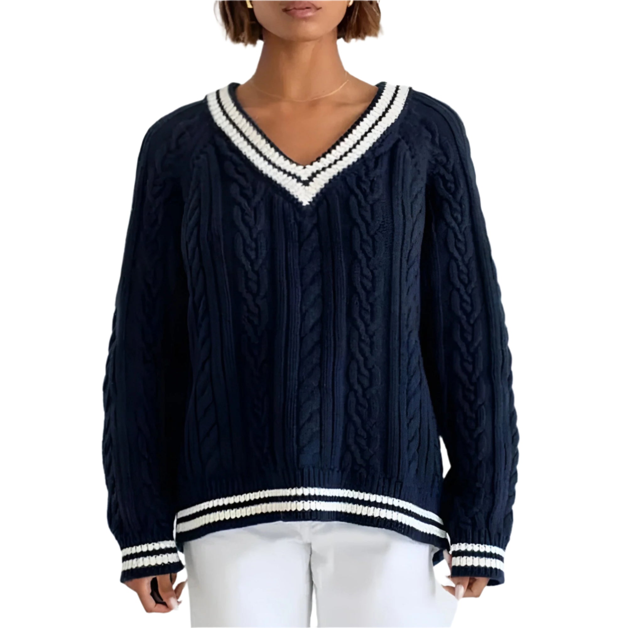 Pull en Maille Cable Femme Style Sportif en Mélange de Coton 0