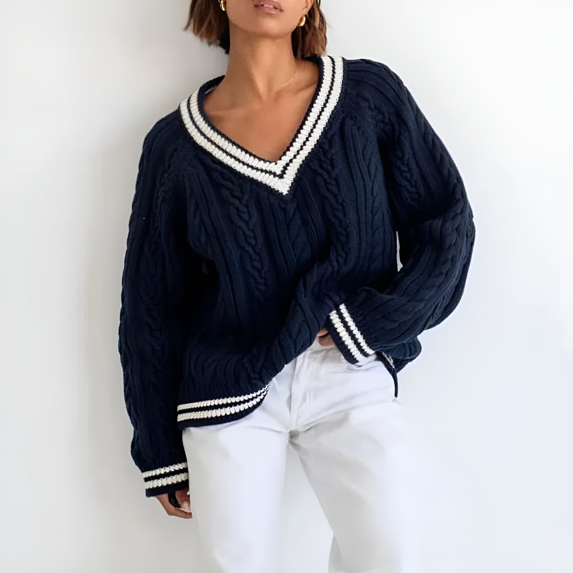 Pull en Maille Cable Femme Style Sportif en Mélange de Coton 1