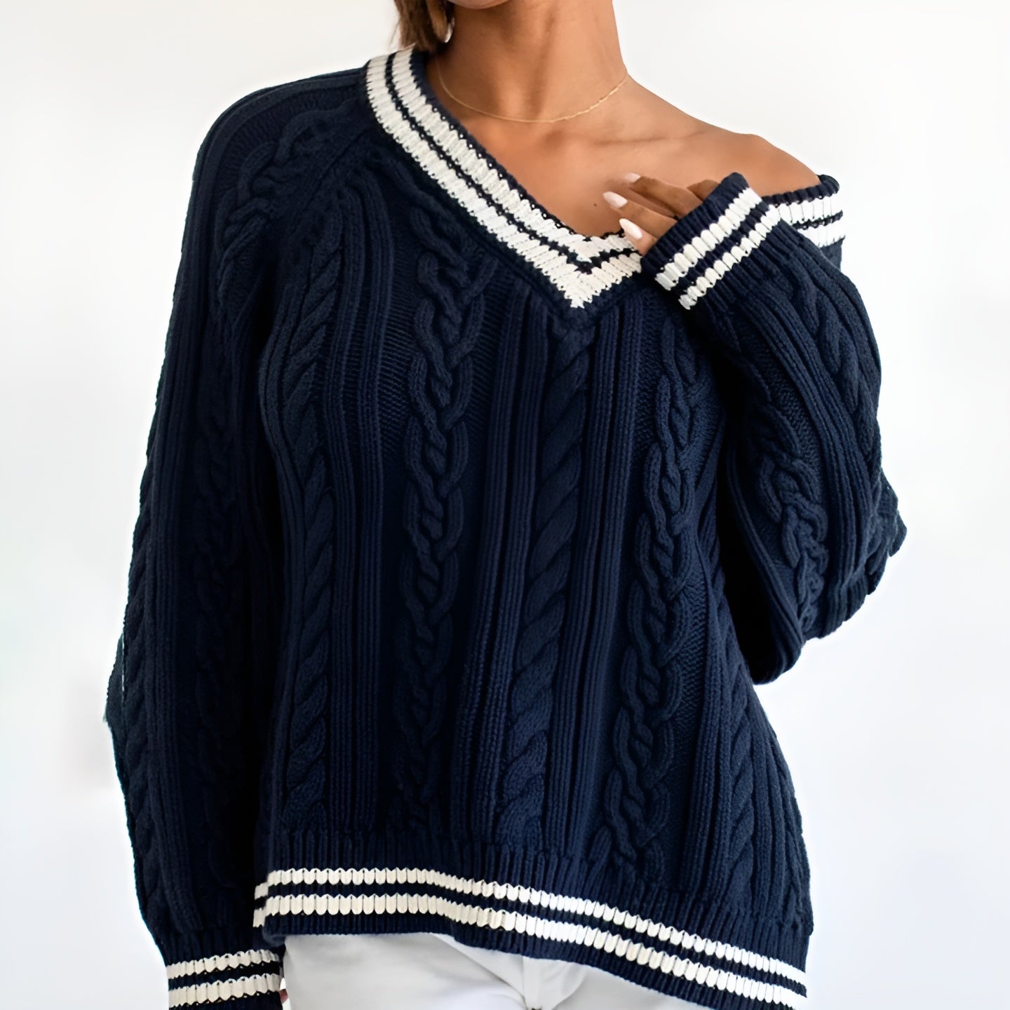 Pull en Maille Cable Femme Style Sportif en Mélange de Coton 2