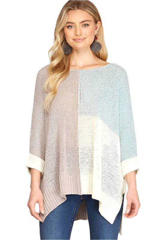 Pull en Maille Color Block pour Femme en Gris et Bleu Ciel 0