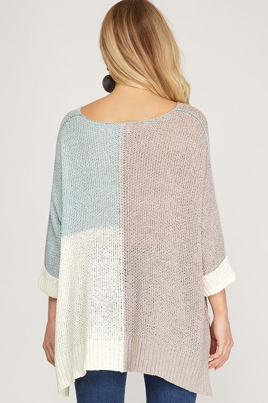 Pull en Maille Color Block pour Femme en Gris et Bleu Ciel 2