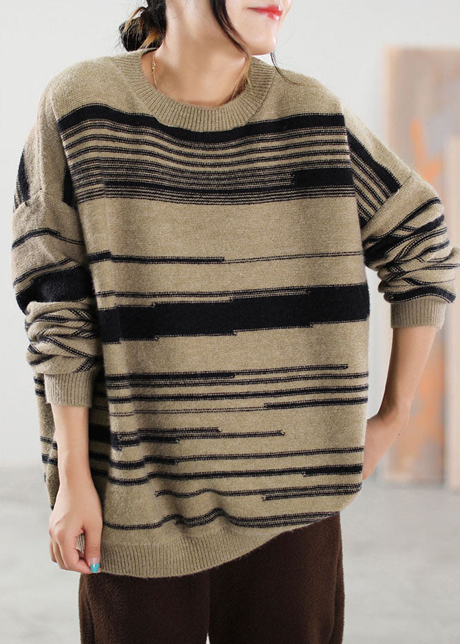 Pull en Tricot Kaki Rayé pour Femmes 1