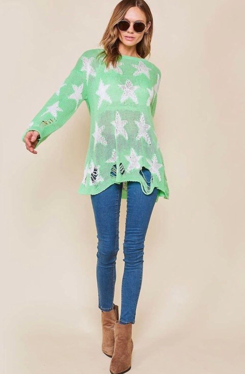Pull léger à imprimé étoile pour femme, col rond, manches longues 2