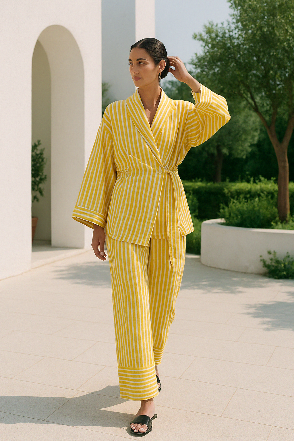 Pyjama Femme Décontracté Tissu Léger Blouse à Nouer et Pantalon Fluide 1