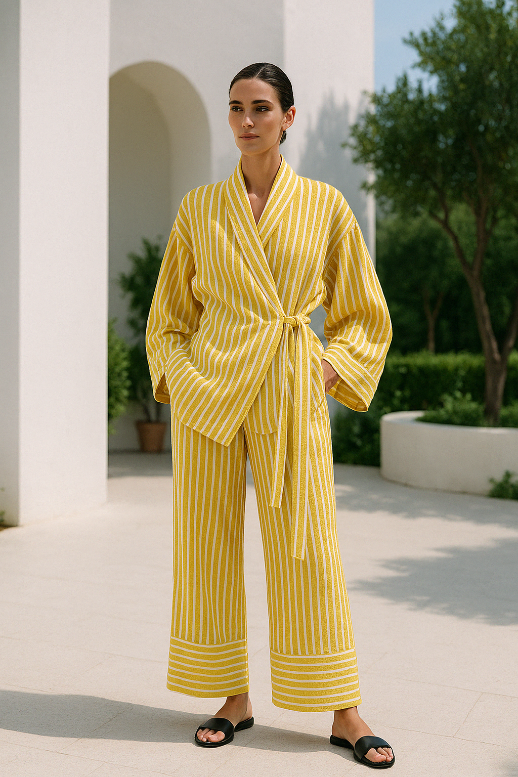 Pyjama Femme Décontracté Tissu Léger Blouse à Nouer et Pantalon Fluide 2