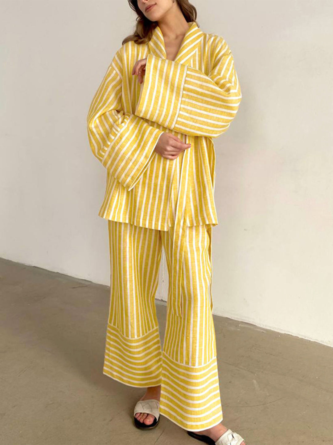 Pyjama Femme Décontracté Tissu Léger Blouse à Nouer et Pantalon Fluide 3