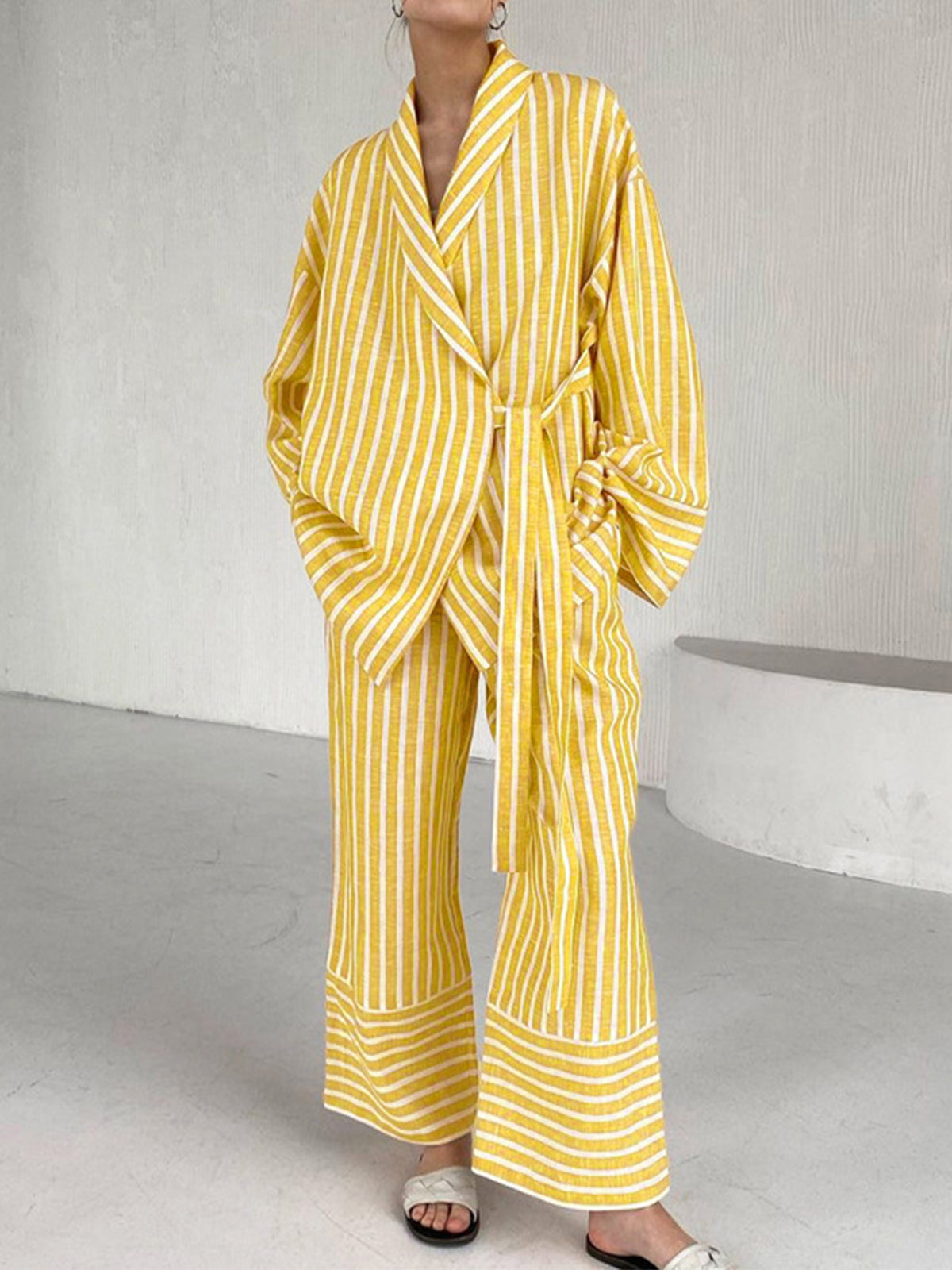 Pyjama Femme Décontracté Tissu Léger Blouse à Nouer et Pantalon Fluide 4