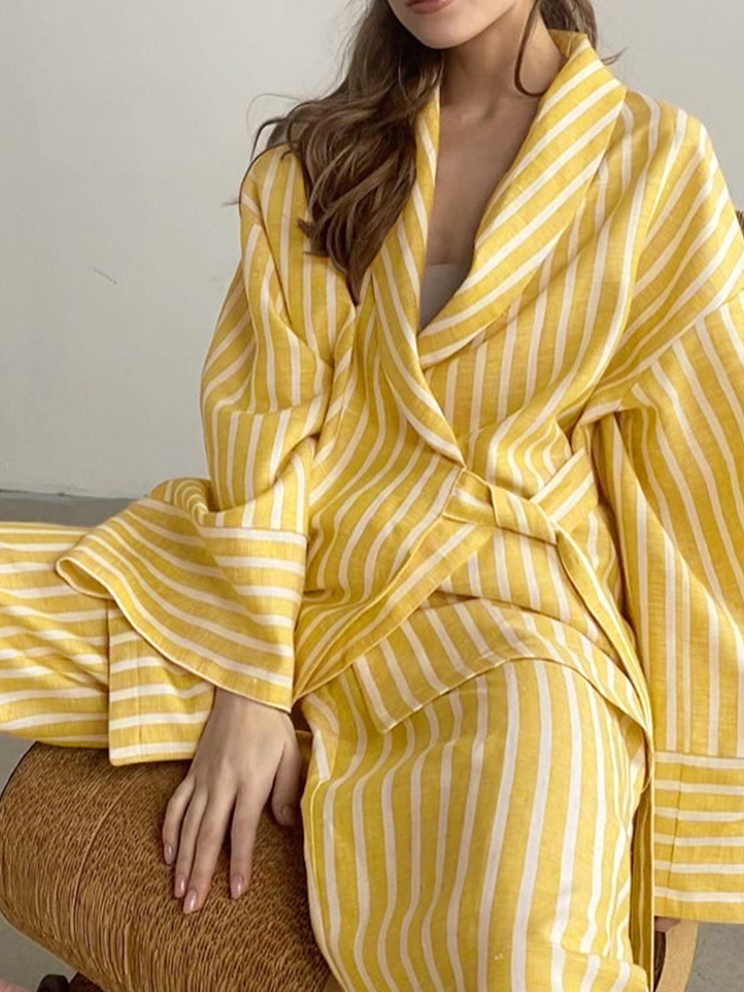 Pyjama Femme Décontracté Tissu Léger Blouse à Nouer et Pantalon Fluide 6