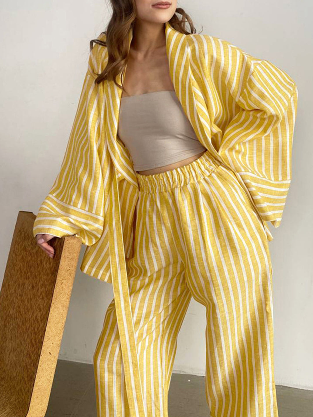 Pyjama Femme Décontracté Tissu Léger Blouse à Nouer et Pantalon Fluide 7