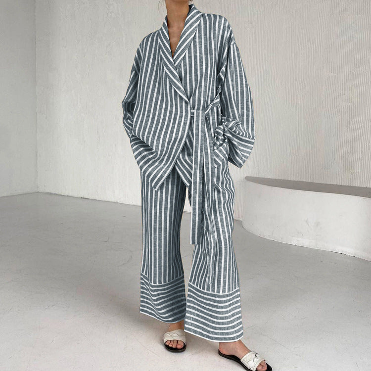 Pyjama Femme Décontracté Tissu Léger Blouse à Nouer et Pantalon Fluide 8