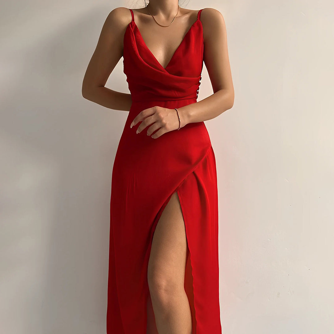 Robe Femme Midi Drapée Dos Nu Polyester Élégante 3