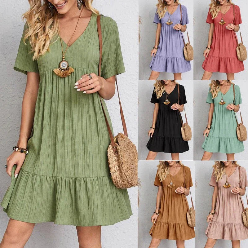 Robe Ample Plissée à Manches Courtes pour Femmes 0