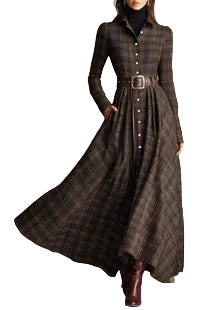 Robe Boutonnée Femme à Col Claudine et Carreaux Fins Manches Longues 0