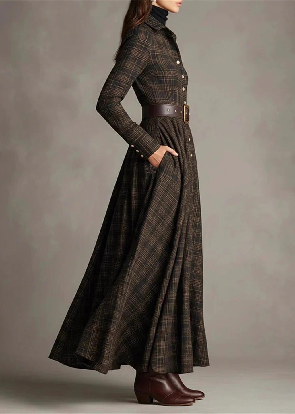 Robe Boutonnée Femme à Col Claudine et Carreaux Fins Manches Longues 1