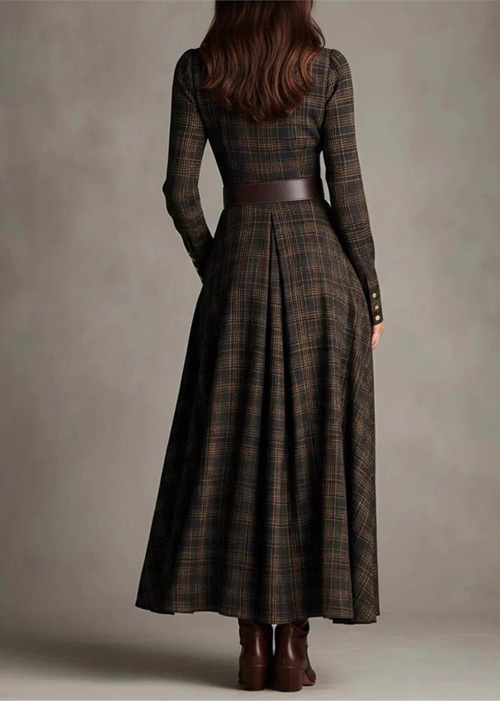 Robe Boutonnée Femme à Col Claudine et Carreaux Fins Manches Longues 2