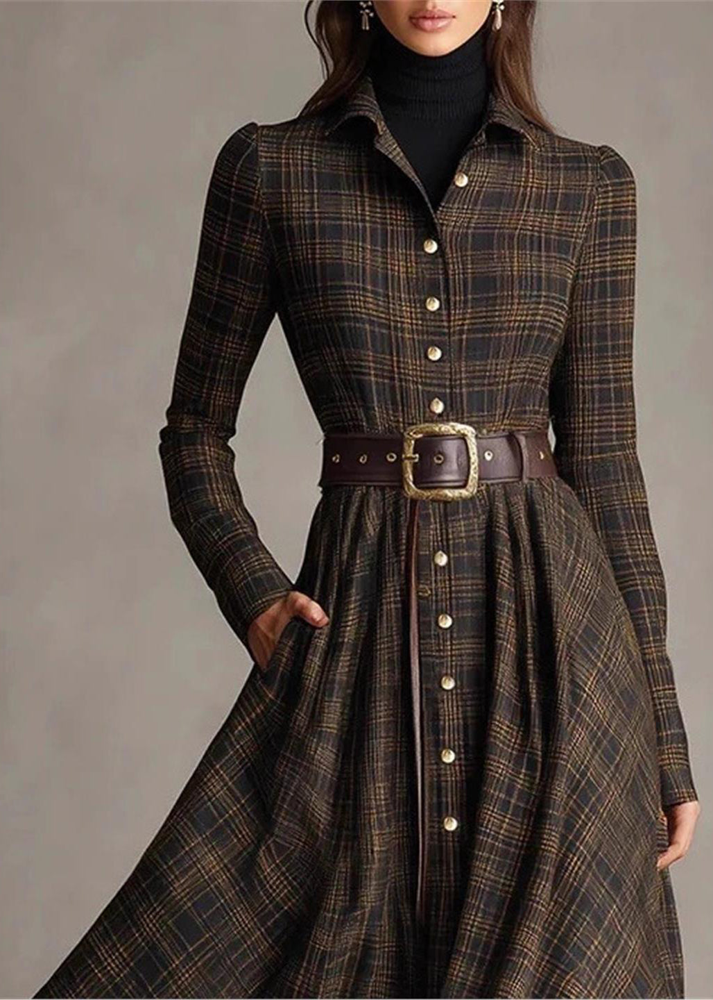 Robe Boutonnée Femme à Col Claudine et Carreaux Fins Manches Longues 3
