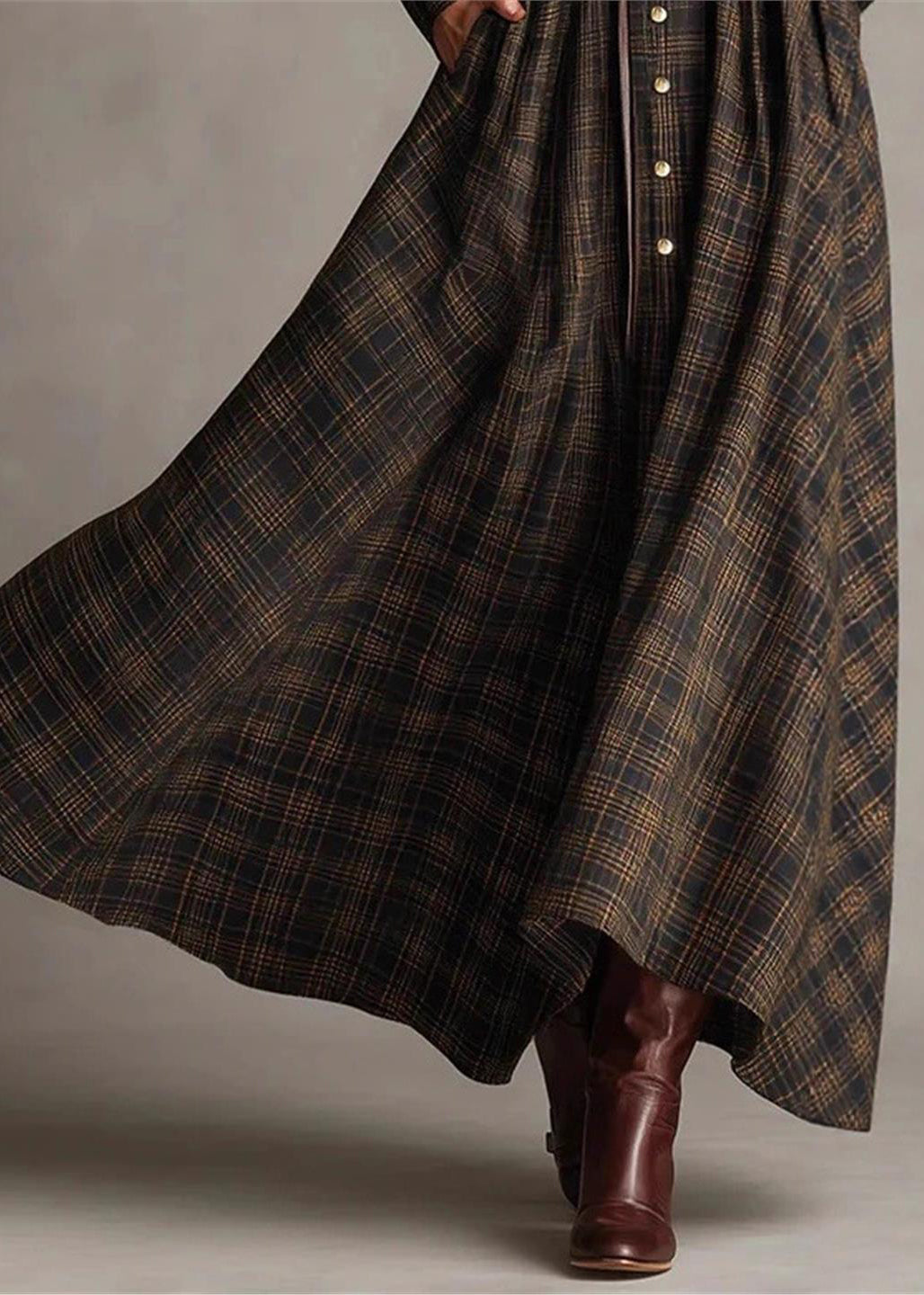 Robe Boutonnée Femme à Col Claudine et Carreaux Fins Manches Longues 4