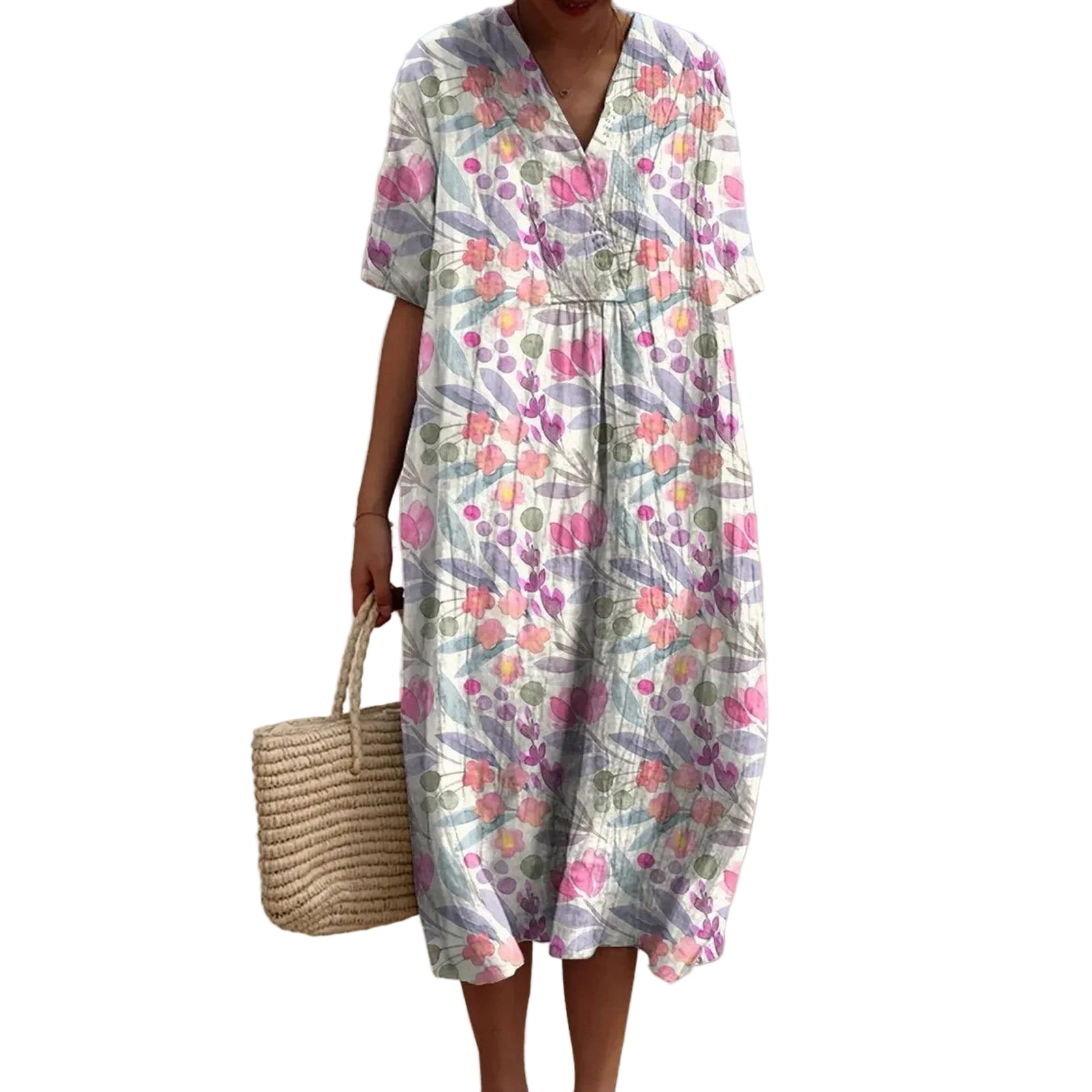 Robe Chemise Femme Grande Taille Imprimé Floral à Manches Courtes 0