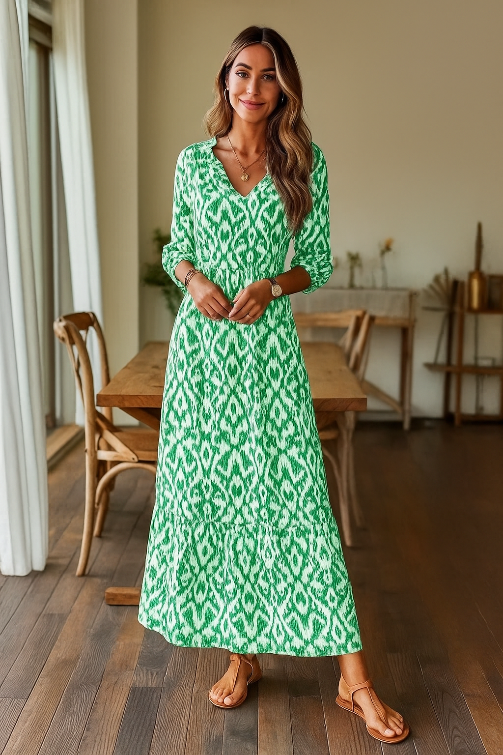 Robe D'Été Femme A-Ligne Col V Manches Mi-Longues Tissu Doux 3