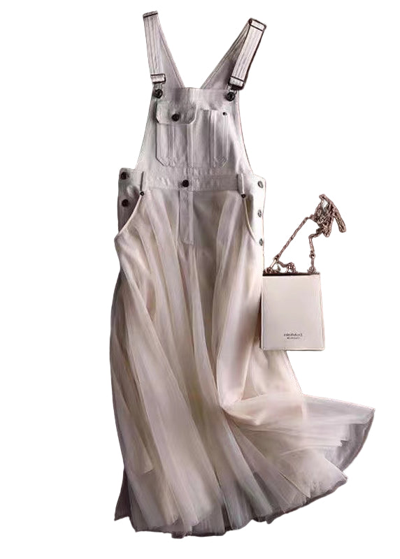 Robe D&#39;été à Bretelles en Denim avec Panneaux en Tulle pour Femmes 0