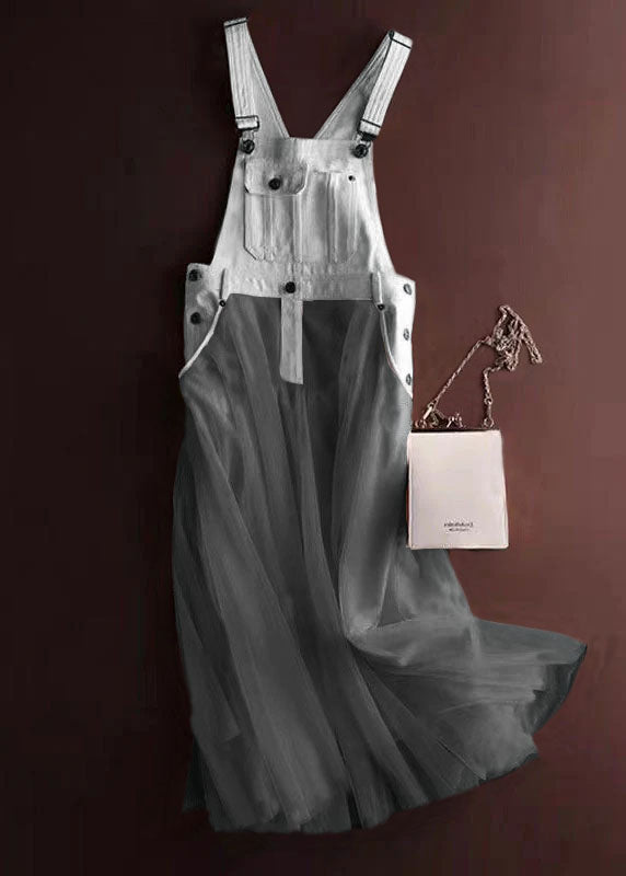 Robe D'été à Bretelles en Denim avec Panneaux en Tulle pour Femmes 5