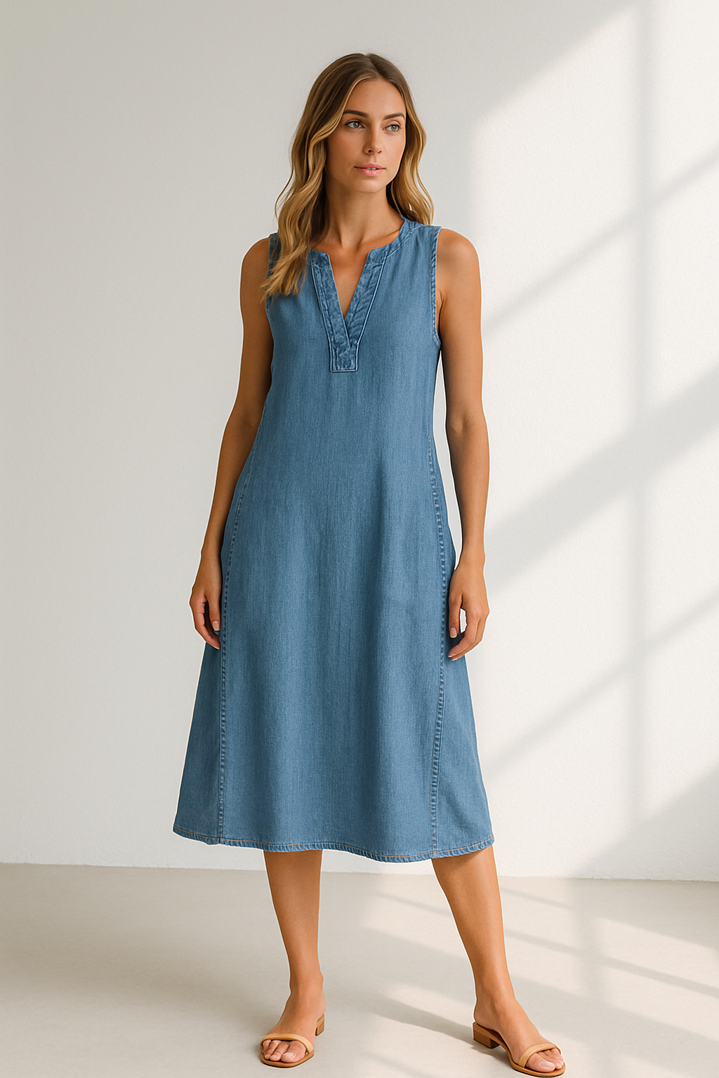 Robe Femme A-ligne Sans Manches Décolleté en V Denim 2