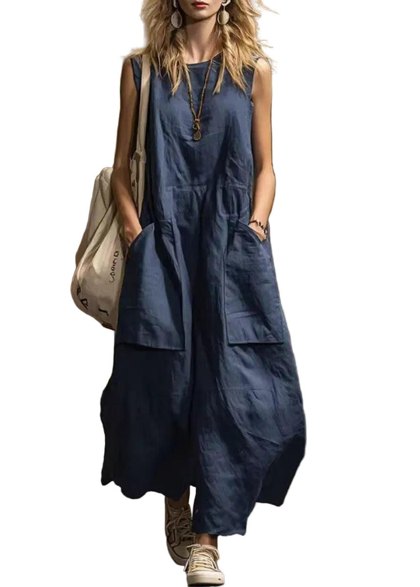 Robe Femme Ample Col Rond Sans Manches avec Poches 0