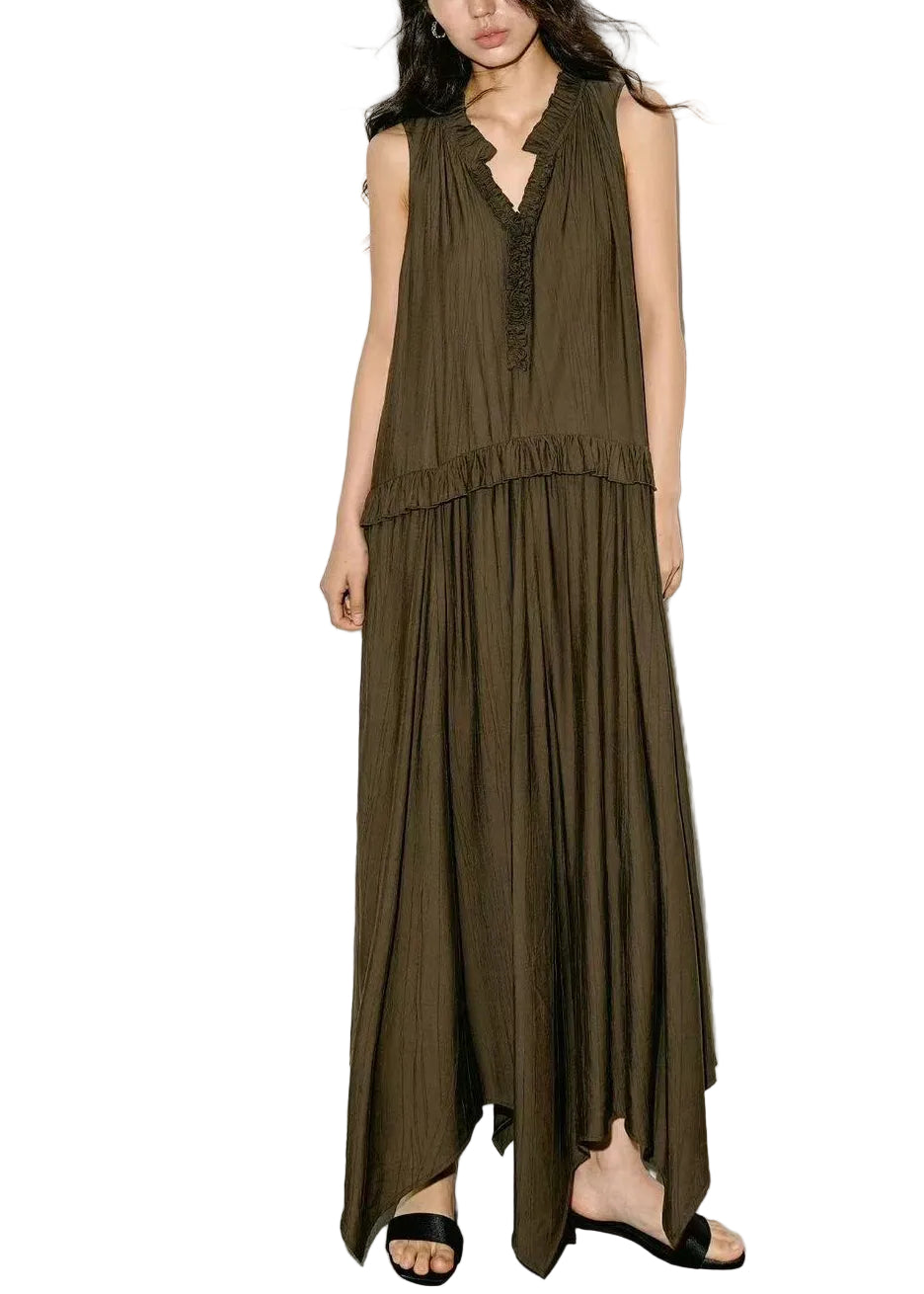 Robe Femme Asymétrique à Volants Col V Sans Manches 0