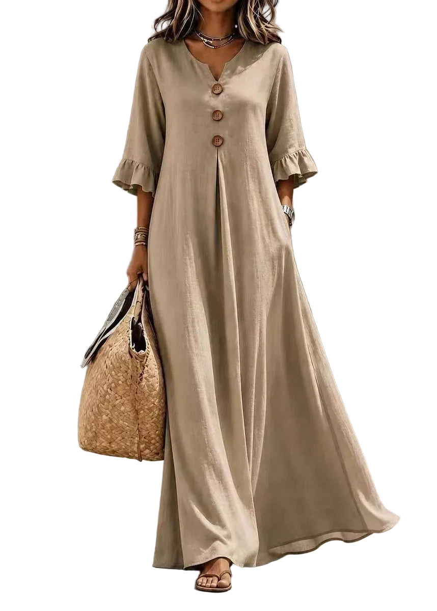 Robe Femme Automne Ample Col V Boutonnée Ourlet Large 0