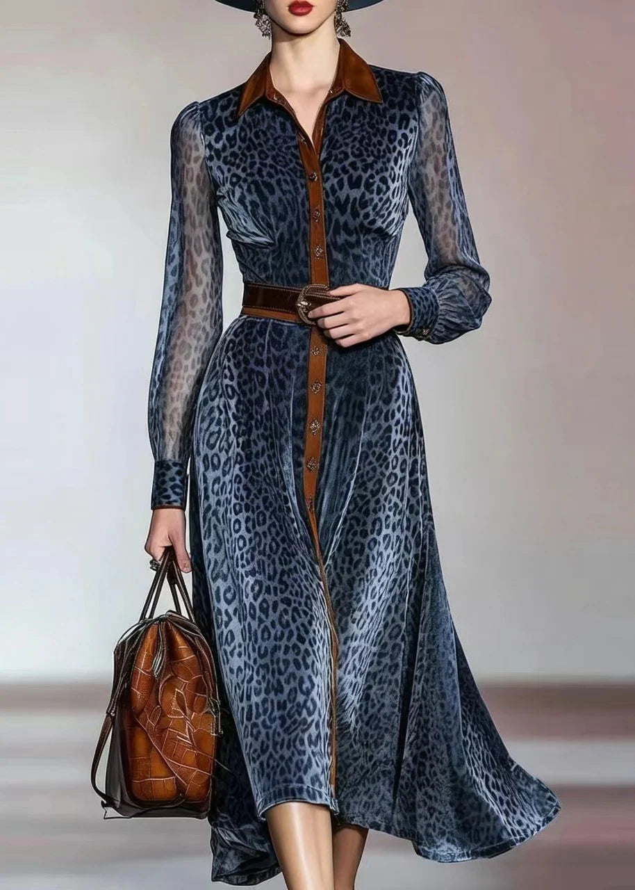 Robe Femme Automne Imprimé Léopard Bleu Col Rabattu Ceinturée 2