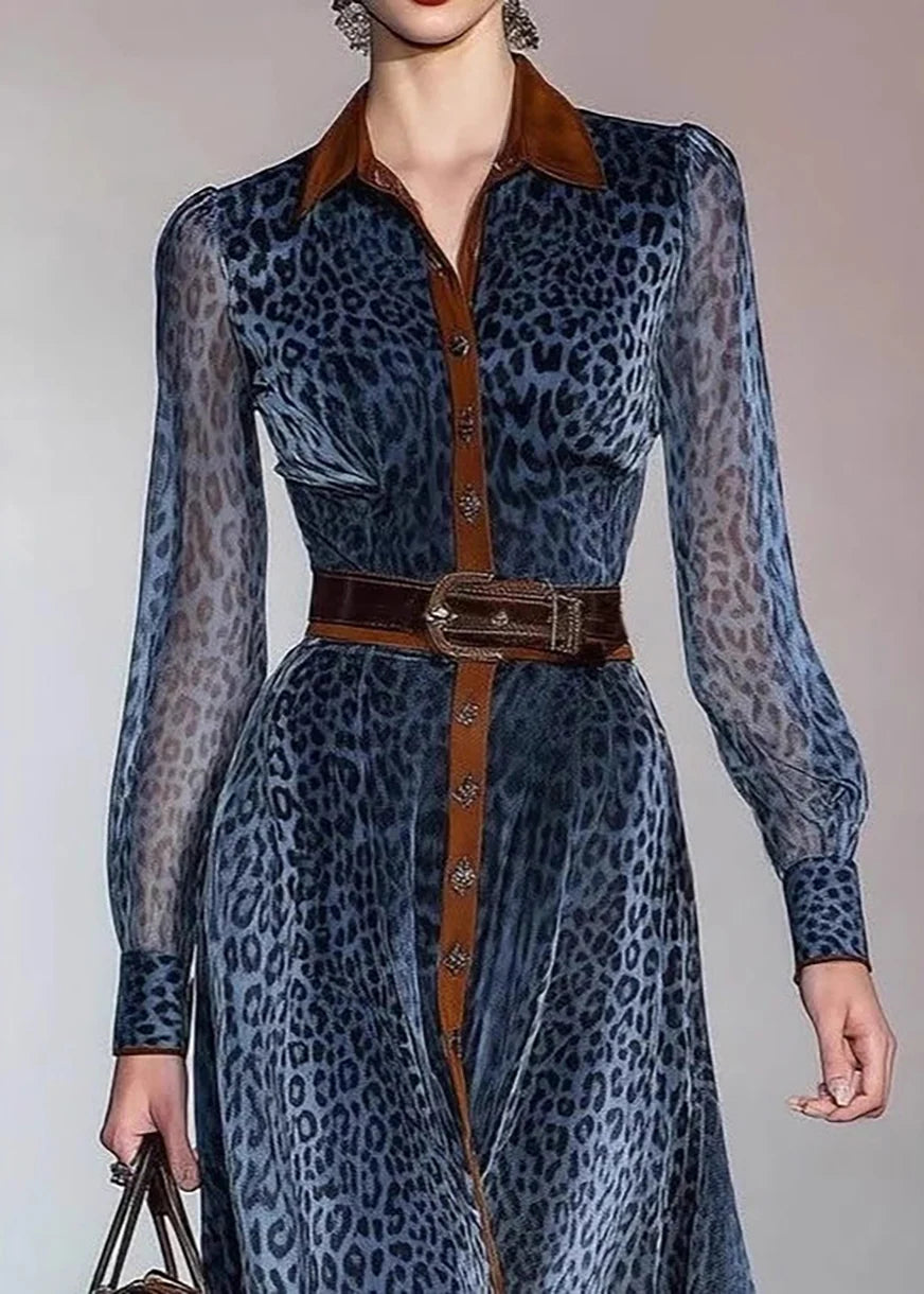 Robe Femme Automne Imprimé Léopard Bleu Col Rabattu Ceinturée 3