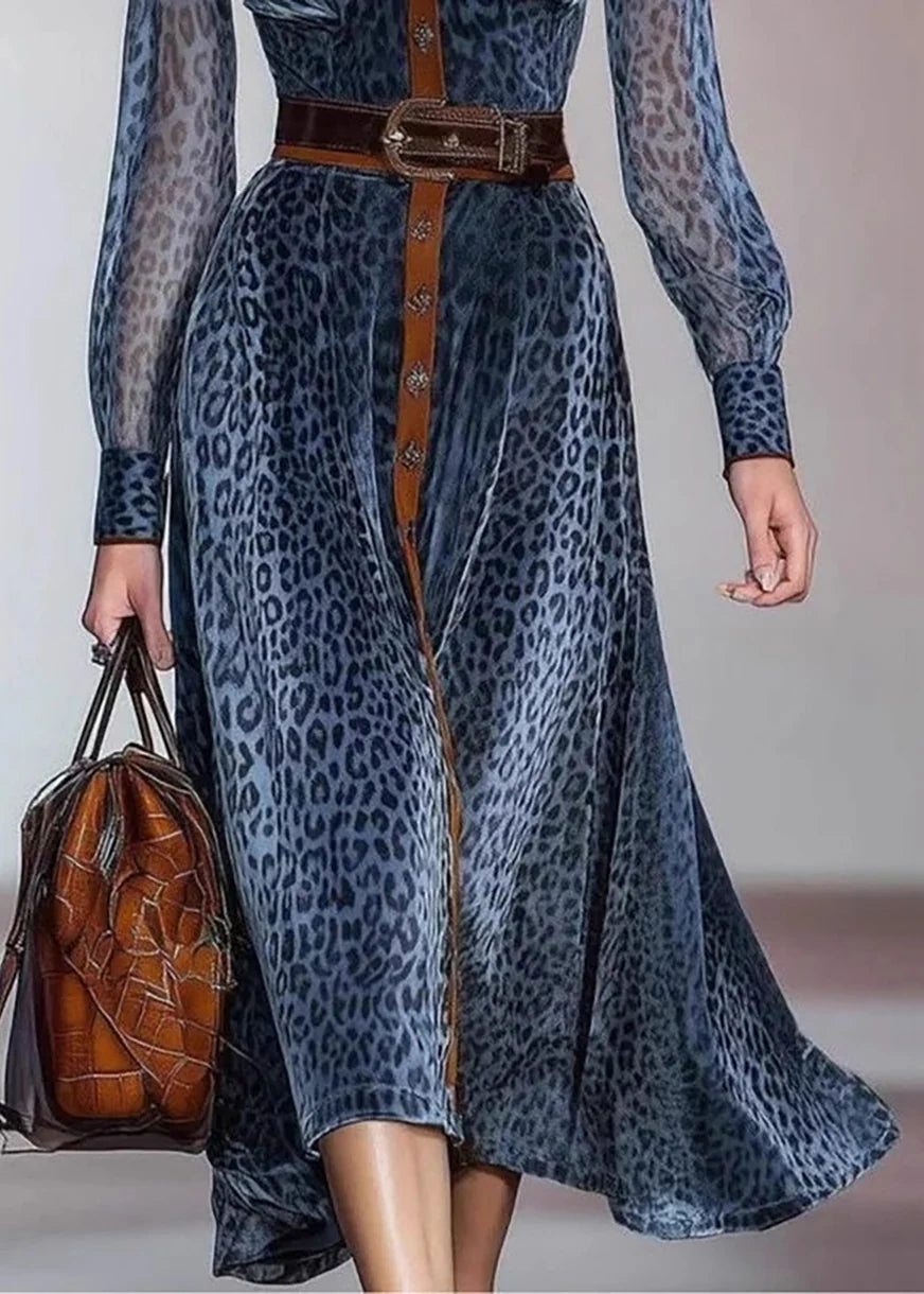 Robe Femme Automne Imprimé Léopard Bleu Col Rabattu Ceinturée 4