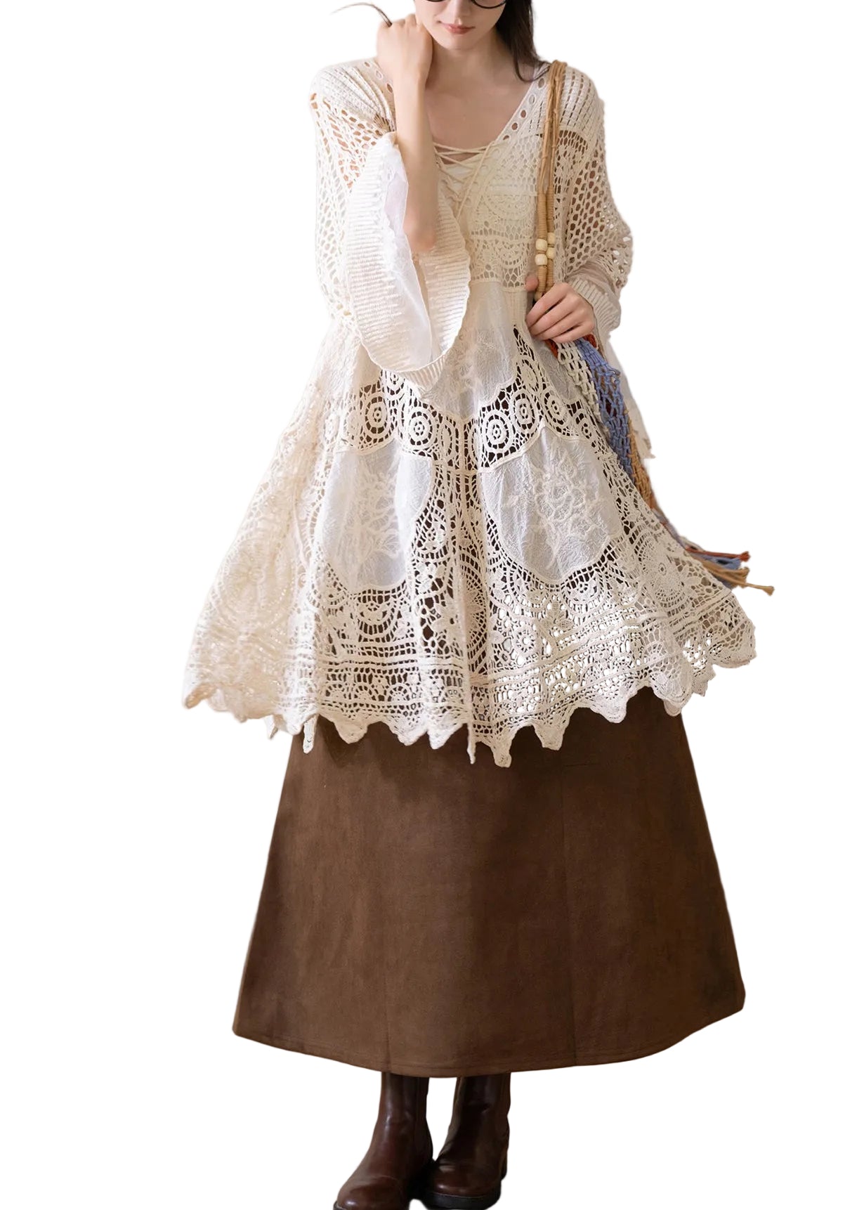 Robe Femme Bohème Col V Manches Évasées Patchwork Tulle 0