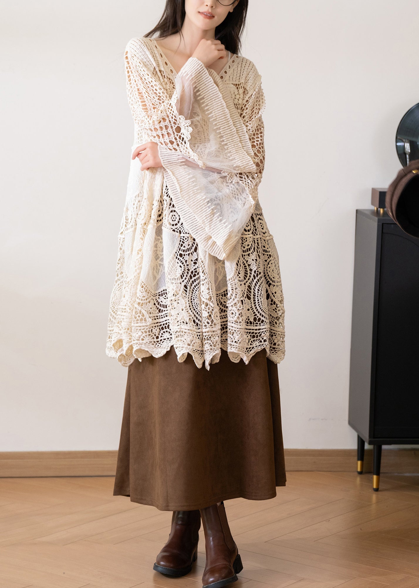 Robe Femme Bohème Col V Manches Évasées Patchwork Tulle 1