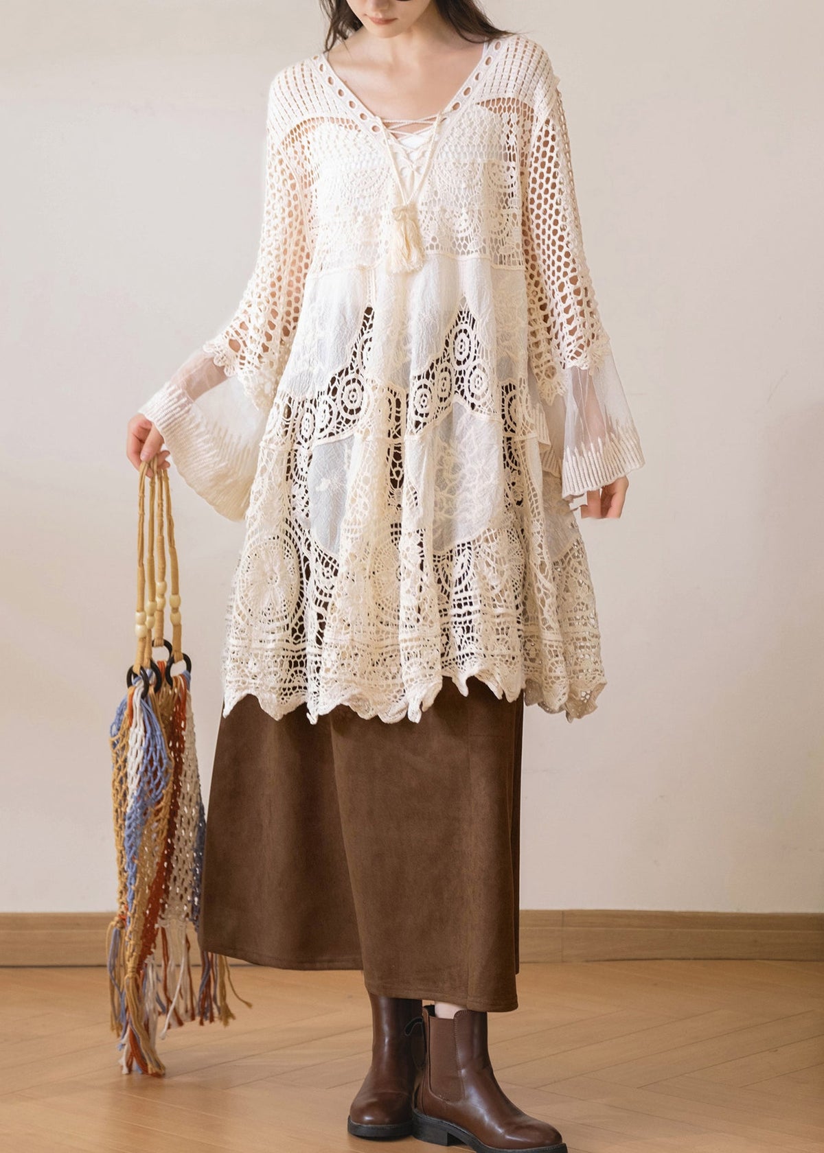 Robe Femme Bohème Col V Manches Évasées Patchwork Tulle 2