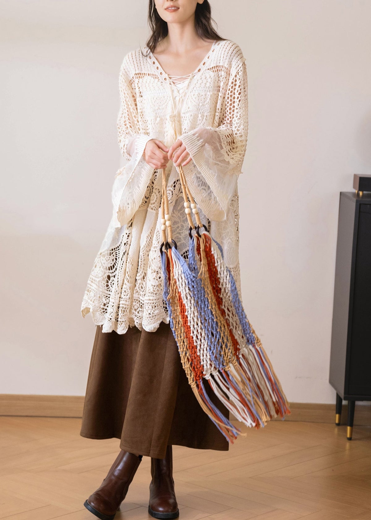 Robe Femme Bohème Col V Manches Évasées Patchwork Tulle 3