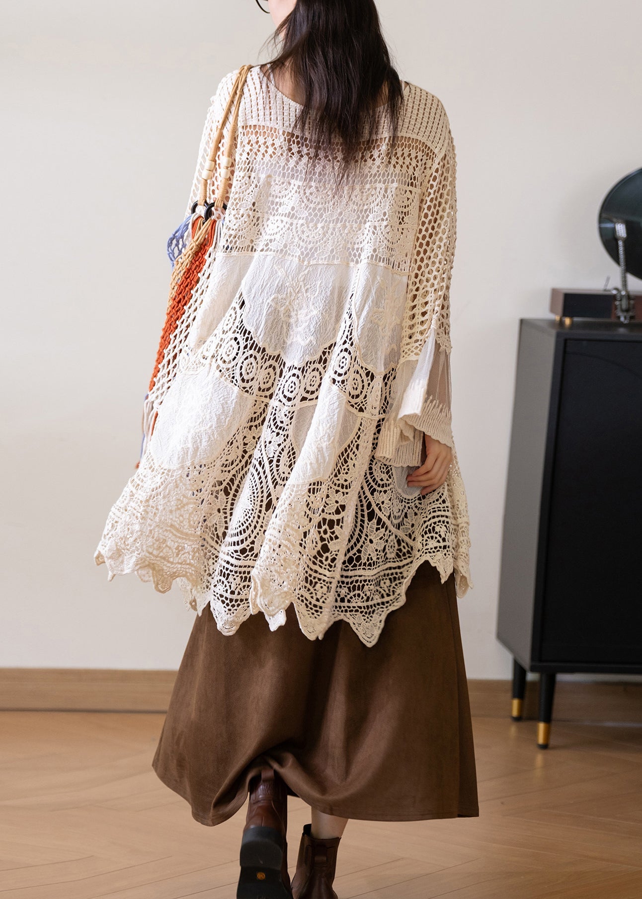 Robe Femme Bohème Col V Manches Évasées Patchwork Tulle 4