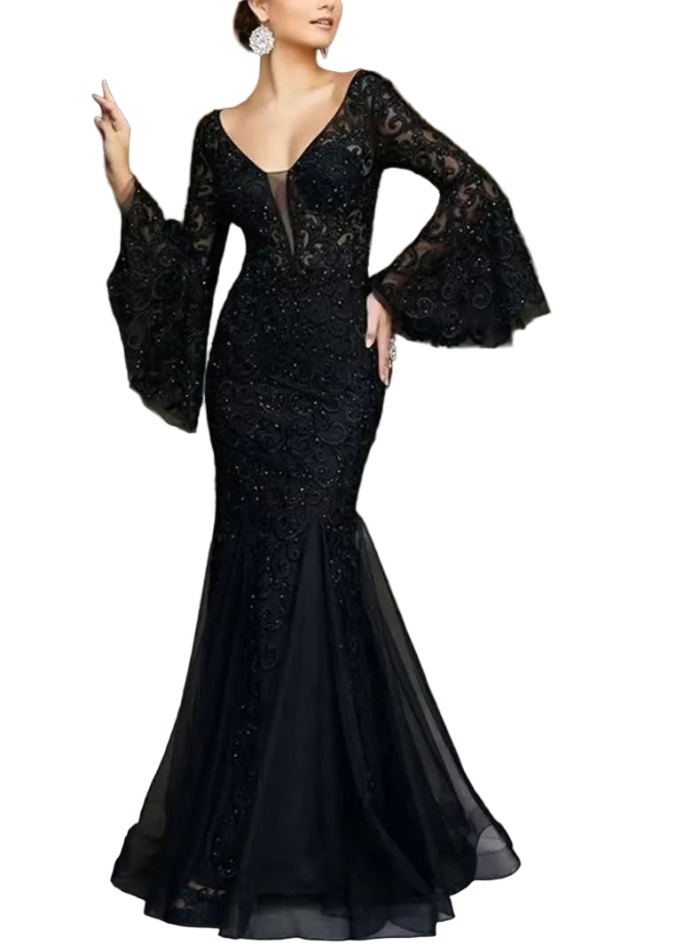 Robe Femme Bohème Col en V Brodée Patchwork Tulle Manches Évasées 0