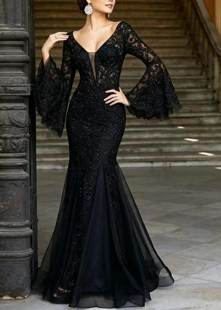 Robe Femme Bohème Col en V Brodée Patchwork Tulle Manches Évasées 1