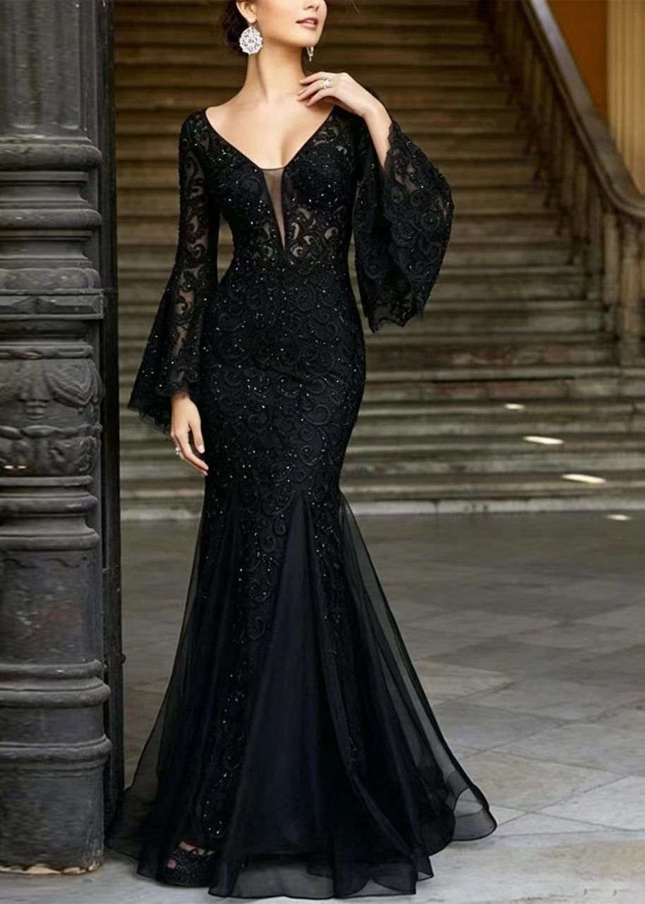 Robe Femme Bohème Col en V Brodée Patchwork Tulle Manches Évasées 2