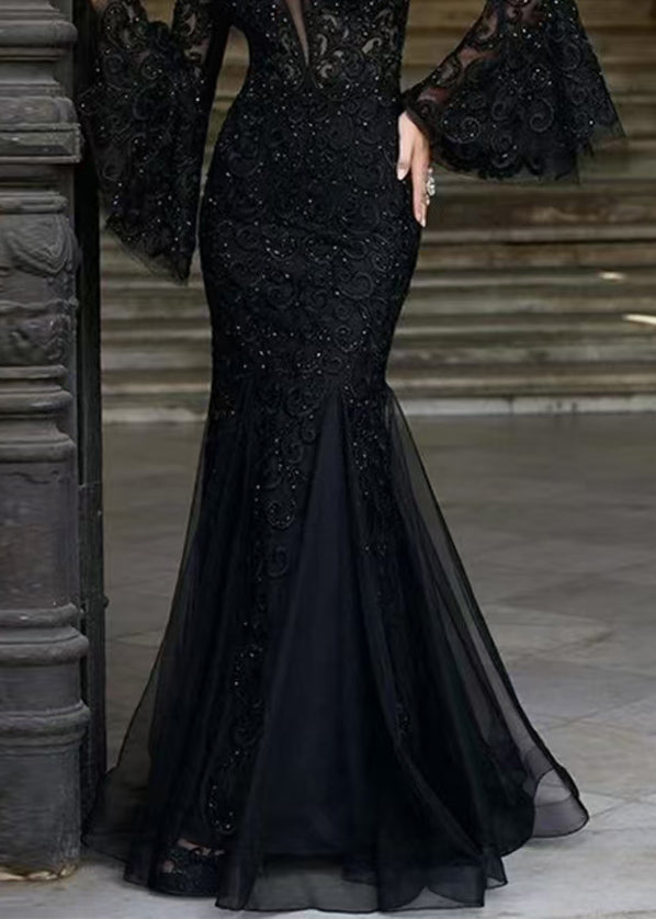 Robe Femme Bohème Col en V Brodée Patchwork Tulle Manches Évasées 4