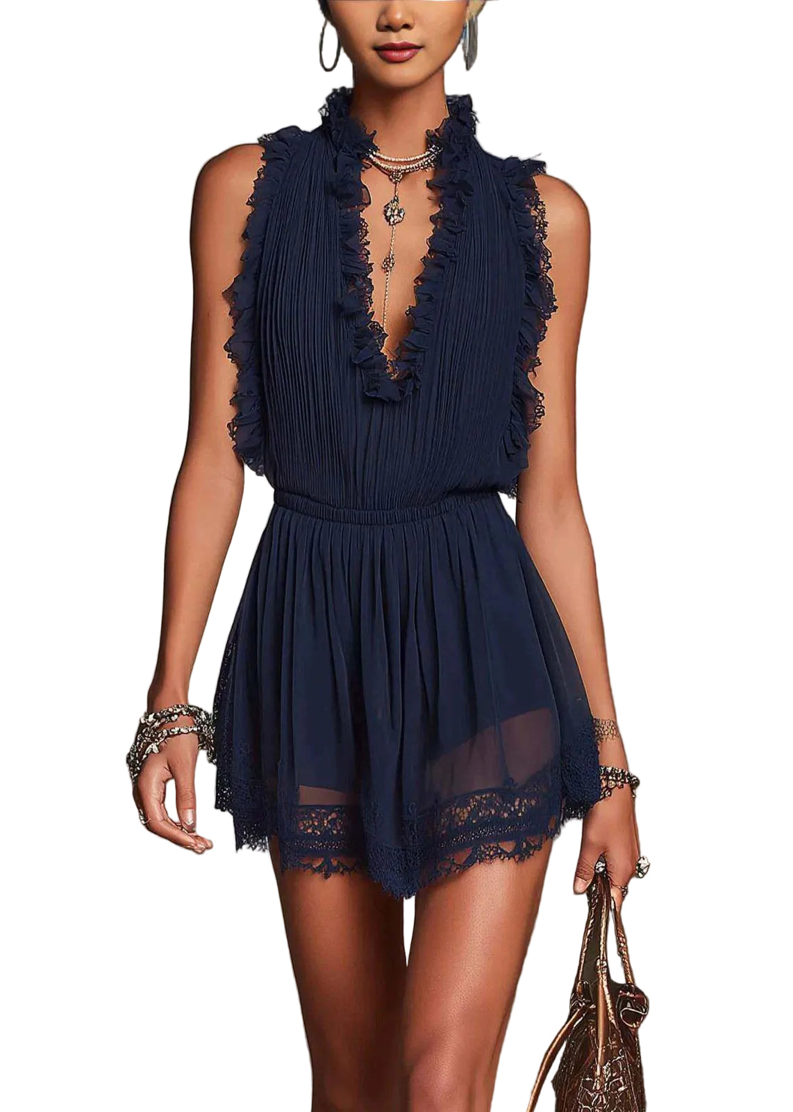 Robe Femme Courte À Volants Col En V Sans Manches 0
